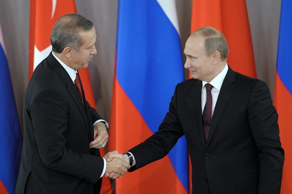 Russian President Putin shakes hands with Turkish Prime Minister Erdogan in Strelna near St. Petersburg